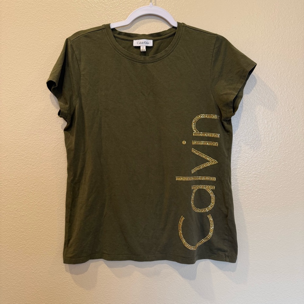 Calvin Klein Olive Green Gold Stud Logo Tee Size Large